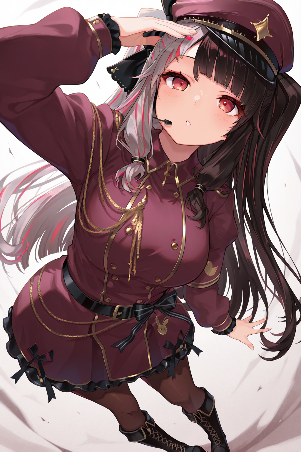 1girl, YorumiRenaNijisanji,
general, solo, perspective, dynamic angle, half body,
long hair, twintails, eyelashes, red eyes, large breasts, peaked cap, headset, military uniform, puffy long sleeves, black belt, brown pantyhose, boots
<lora:kp_YorumiRenaNijisanji2ndCostumeIllustrious_v1_0:1.0>,
masterpiece, best quality, amazing quality