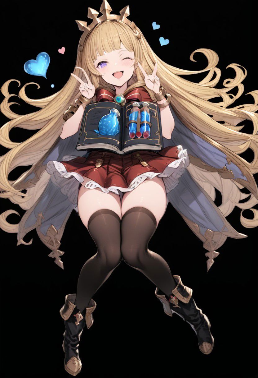 masterpiece, best quality, ultra-detailed, beautiful, nai3, 1girl, solo, full_body, tachi-e, 
cagliostro \(granblue fantasy\), 1girl, ;d, arm guards, black footwear, black thighhighs, blonde hair, blunt bangs, blush, book, boots, bracelet, cape, full body, glowing, heart, holding, holding book, jewelry, knee boots, knees together feet apart, liquid, long hair, looking at viewer, one eye closed, open book, open mouth, purple eyes, red ribbon, red skirt, ribbon, signature, simple background, skirt, smile, solo, test tube, thighhighs, v, very long hair, white background
