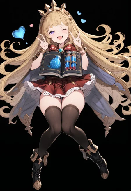 masterpiece, best quality, ultra-detailed, beautiful, nai3, 1girl, solo, full_body, tachi-e,
cagliostro \(granblue fantasy\), 1girl, ;d, arm guards, black footwear, black thighhighs, blonde hair, blunt bangs, blush, book, boots, bracelet, cape, full body, glowing, heart, holding, holding book, jewelry, knee boots, knees together feet apart, liquid, long hair, looking at viewer, one eye closed, open book, open mouth, purple eyes, red ribbon, red skirt, ribbon, signature, simple background, skirt, smile, solo, test tube, thighhighs, v, very long hair, white background