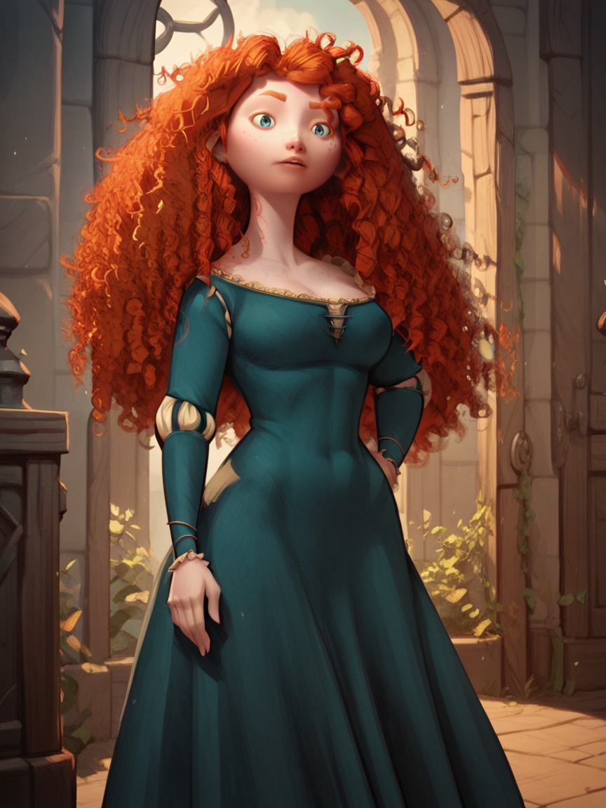 score_9, score_8_up, score_7_up, score_6_up, score_5_up,   <lora:meridaXLP:1> merida, 1girl, long hair, solo, curly hair, blue eyes, red hair, freckles, dress, curvy, large breasts,