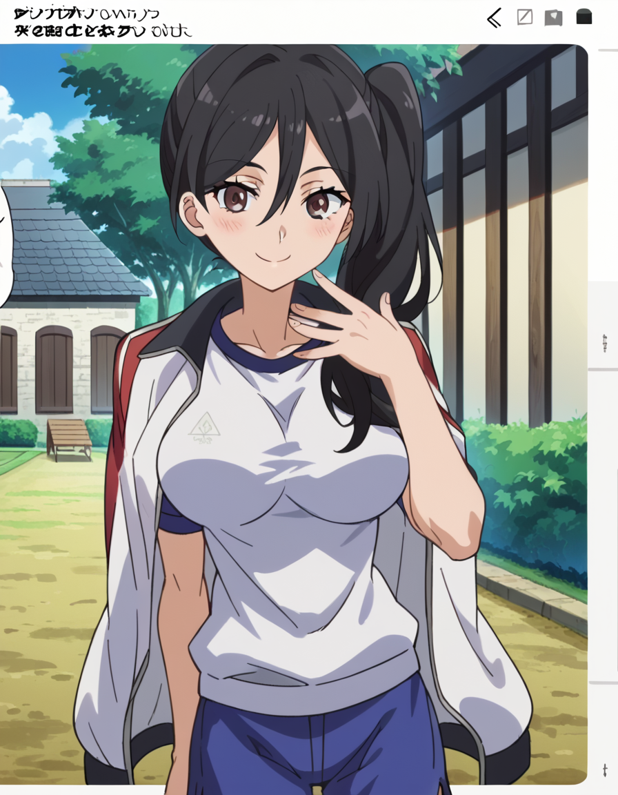 score_9, score_8_up, score_7_up, source_anime, <lora:seiri-fukiyose-indexs2-ponyxl-lora-nochekaiser:1>, seiri fukiyose, long hair, black hair, brown eyes, hair between eyes, anime screencap,, large breasts, shirt, jacket, shorts, gym uniform, blue shorts, track jacket, jacket on shoulders, gym shorts, village, houses, community, rural, farms, smile, <lora:sidetail-miku-noodle-stopper-ponyxl-lora-nochekaiser:1> sidetail miku noodle stopper, sidetail miku noodle stopper (meme), meme, side ponytail, hand up, blush, smile, bed room,, cowboy shot, looking at viewer,, looking at viewer, solo,, dutch angle, cowboy shot