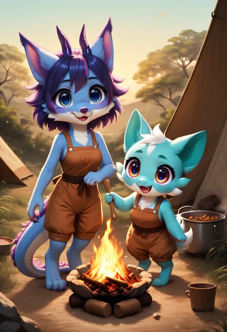 score_9, score_8_up, score_7_up, score_6_up, score_5_up, score_4_up, extremely detailed, source_furry, (a cute female furry hybrid, kawaii, uwu, rawrr, shy), (detailed fur, detailed face, big eyes, medium breasts), ((adventure outfit, fully clothed)), (detailed savanna background, tent, campfire, cooking pot, lots of details),