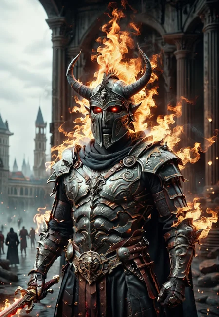 Score_9, score_8_up, score_7_up, Ares_DCI, ruined city, masked warrior, helmet, horned helmet, dark armor, clad armor, black cape, hidden face, red eyes, red glowing eyes, holding big sword, flaming sword, f1r3