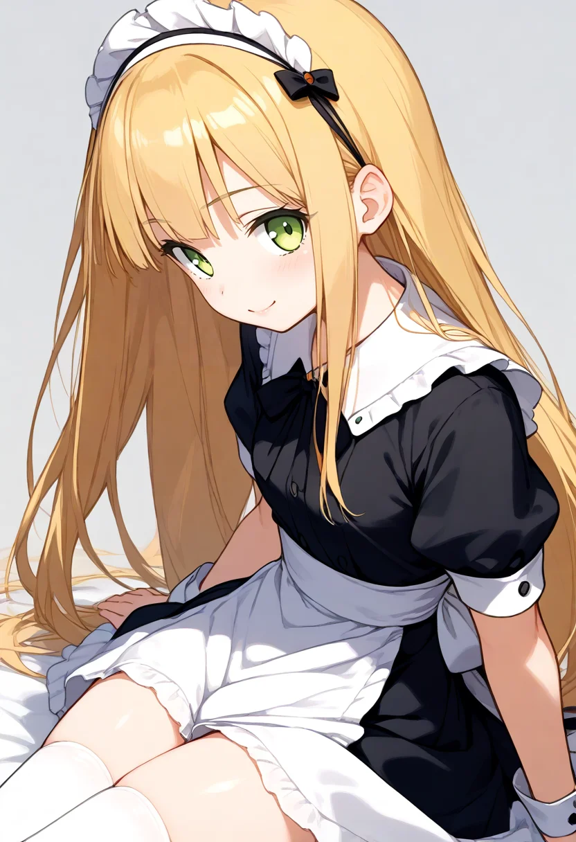 score_9, score_8_up, score_7_up, source_anime,
1girl,
<lora:Hyper-SDXL-8steps-lora:1>
<lora:SDXL_azuki_azusa_p726:1> 
azuki_azusa,blonde hair, green eyes, long hair,smile, 
maid headdress, maid apron, thighhighs, short sleeves, 
simple background, grey background, black dress, 
small breasts, wing collar, solo, 
wrist cuffs, 
sitting,