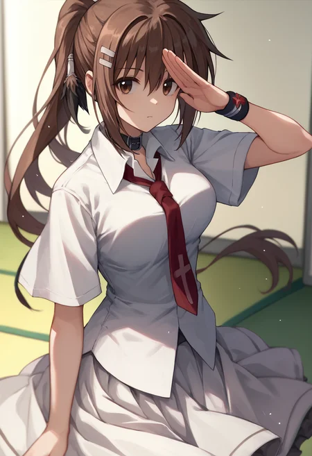 score_9, score_7_up, minakami yuki, brown hair, ponytail, brown eyes, hair ornament, hairclip, choker, white shirt, short sleeves, red necktie, wristband, white skirt, salute, looking at viewer,    <lora:Minakami Yuki 4:1>