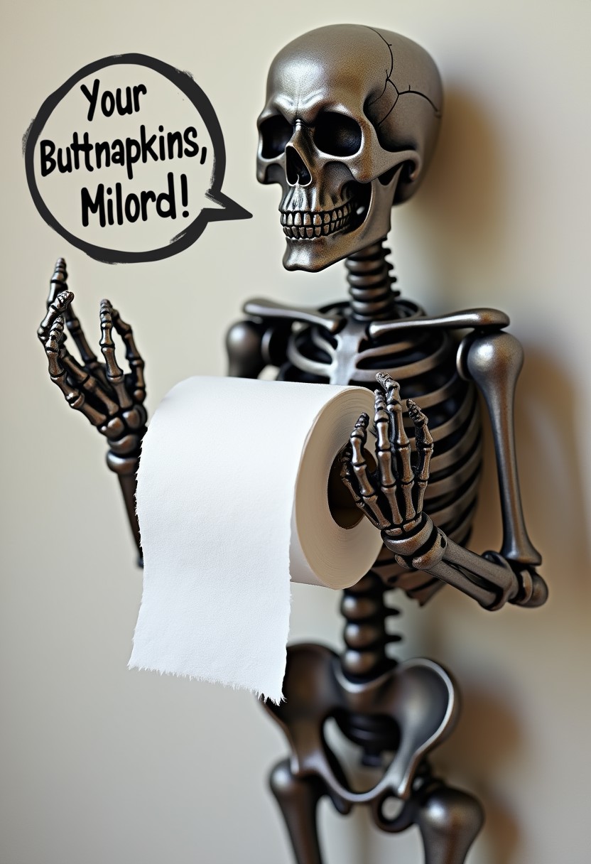 A skeleton-shaped toilet paper holder, tungsten material, hands raised, presenting a roll of toilet paper, a speech bubble coming out saying "Your Buttnapkins, Milord", highly detailed, realistic, masterpiece