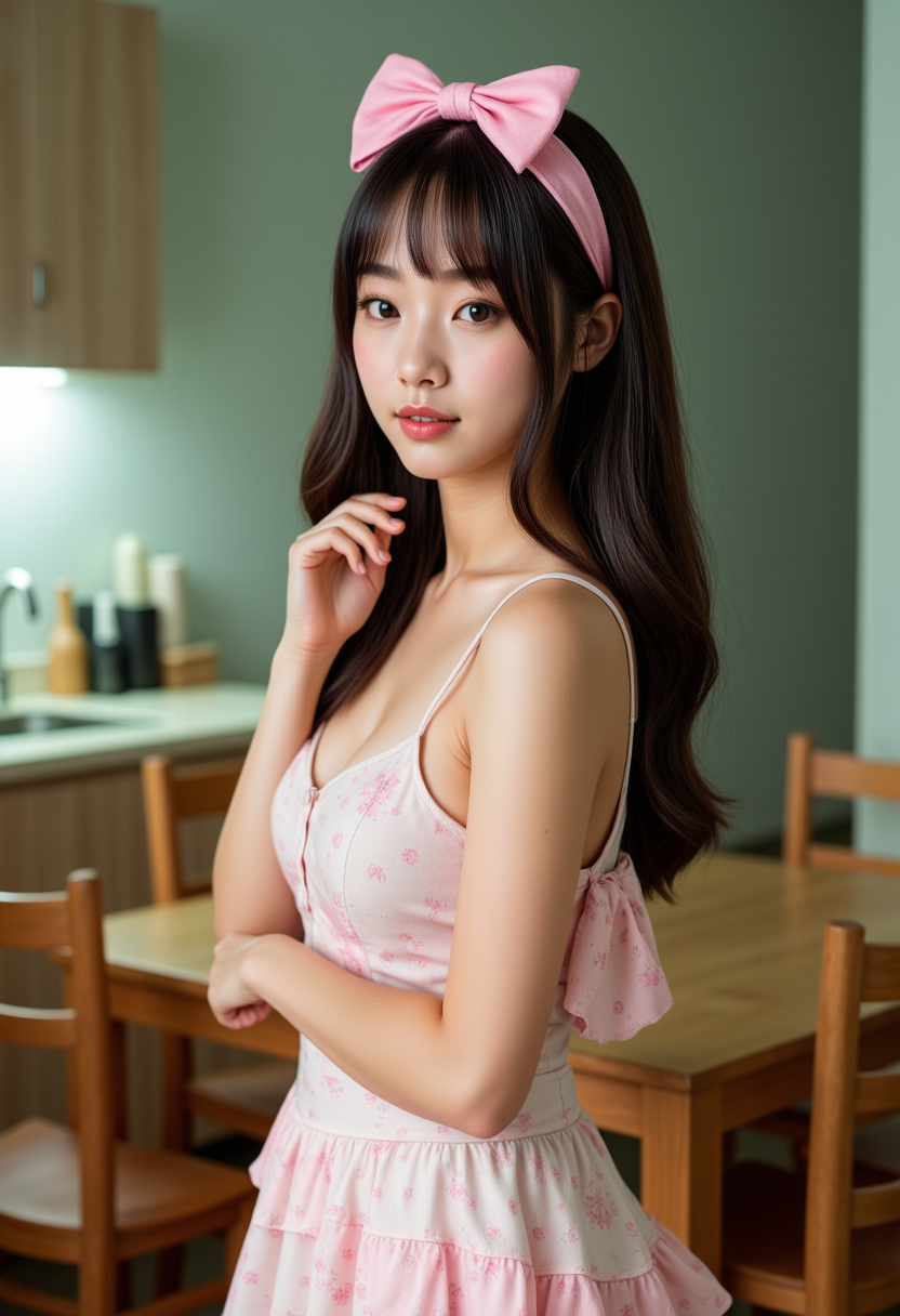 She is approximately 18 years old. Hyperrealism, she is looking at the camera, (dynamic angles), profile headshots of a beautiful, stunning unique female character. She has dark hair. her eyes are filled with joy and excitement, extravagant eyelashes. A photo of Sung_CDC, a woman, wearing a frilly white dress, with a pink bow. She is standing in a room with a dining table and chairs. The room also has a sink and a vase. The woman is posing confidently. simple sage green colored background. She has a slight smile on her face and is looking directly at the camera. making this image a masterpiece of photography and digital art. realistic. making this image a masterpiece of photography and digital art. Style: realistic hyper-detailed rendering, 32k UHD, expressive eyes, punk, graphic design, girl's face, pretty and cute, gleaming lips, telling a tale of adventure. Exuding confidence and serenity. The overall mood of the image is happy and relaxed,detailed skin texture,(blush:0.2),(goosebumps:0.3),subsurface scattering,whimsical,Detailed hand, Perfect hand. Perfection style.