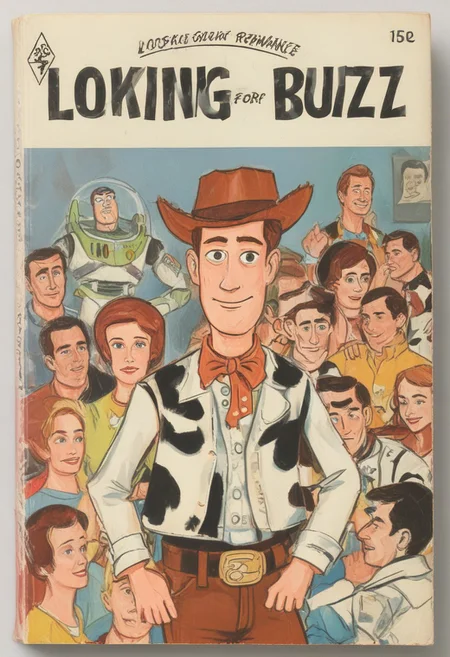 book cover of a harlequin romance novel called ("Looking for Buzz"), toy story, Woody, drunk, party, dancing