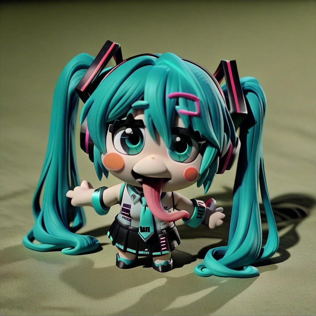 <lora:claymation-style_a31_xl_1:1>,claymation-style,<lora:chibi_tongue-out_a3.0:1>,chibi, tongue out, long tongue, full body,(masterpiece),(best quality),1girl, hatsune miku, twintails, necktie, solo, skirt, shirt, aqua hair, black skirt, aqua eyes, detached sleeves, long hair, sleeveless, white shirt, open mouth, white background, aqua necktie, black sleeves, sleeveless shirt, outstretched arms, very long hair, blush stickers, pleated skirt, hair ornament, miniskirt, bare shoulders, musical note