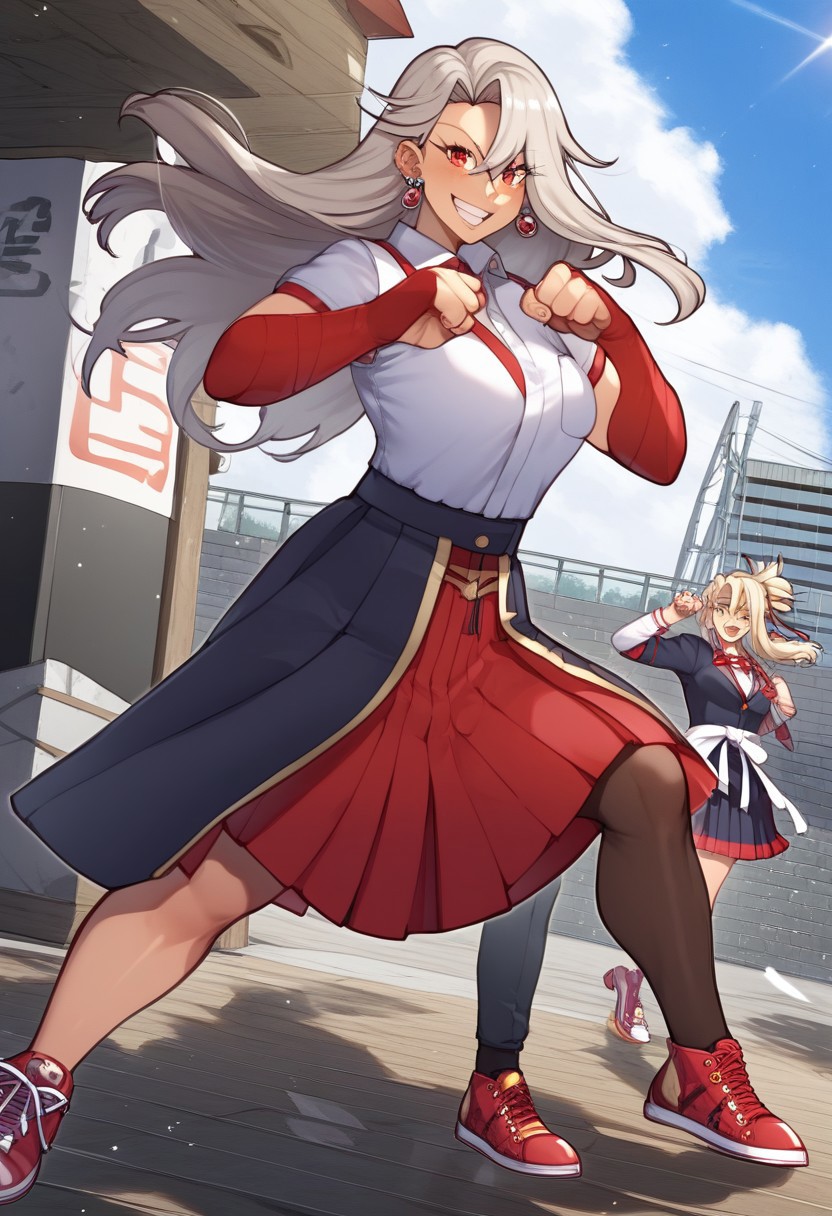 score_9, score_8_up, score_7_up, source_anime, source_sukeban deka, source_illyasviel_von_einzbern, (perfect composition), cartoon, illyasviel_von_einzbern reimagined as a sukeban delinquent girl in black seifuku, mature_female, silver hair, holding yoyo, combat pose, full body, flowing hair, hair between the eyes, asymmetrical hair, red eyes, delicate facial features, sukeban deka clothe, looking_at_viewer, outdoors, background tokyo, woman in a 80's sukeban seifuku standing on a set of strees, black seifuku, 80's japanese sukeban photo, sukeban seifuku, 80's japan, sukeban, long black skirt, red converse, full body, light skin tone female, full body, tape, arm_support, gloves, red_gloves, bridal gauntlets, blackred_footwear, fighter outfit, full body, hourglass, mature face, cheeky smile, cheeky face, wrinkles,( silver long hair, earrings, ear piercings), (fighting art, Martial arts, standing, fighting_stance, fight, fighting), extra colors, 2D, megapixel, perfectionism, accent lighting, full HD , 4K, masterpiece, , (Masterpiece:1.2), (full-body-shot:1),(cowboy shot:1.2), (Highly detailed:1.2),(anime Detailed Face:1.2), Colorful, A detailed eye, (Detailed landscape:1.2), (natural lighting:1.2), ((sukeban school teacher))  Anamorphic Shot, rule of thirds,  ((street of rage 4 city backround)), fictive city backround in the style art of street of rage 4,illyasviel von einzbern ubw, long hair, white hair, red eyes,