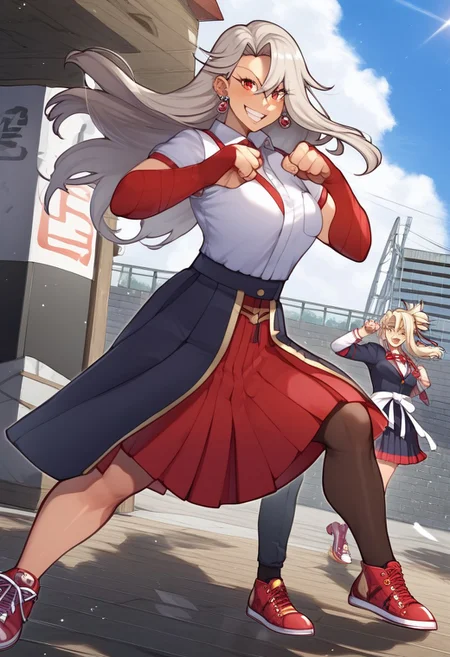 score_9, score_8_up, score_7_up, source_anime, source_sukeban deka, source_illyasviel_von_einzbern, (perfect composition), cartoon, illyasviel_von_einzbern reimagined as a sukeban delinquent girl in black seifuku, mature_female, silver hair, holding yoyo, combat pose, full body, flowing hair, hair between the eyes, asymmetrical hair, red eyes, delicate facial features, sukeban deka clothe, looking_at_viewer, outdoors, background tokyo, woman in a 80's sukeban seifuku standing on a set of strees, black seifuku, 80's japanese sukeban photo, sukeban seifuku, 80's japan, sukeban, long black skirt, red converse, full body, light skin tone female, full body, tape, arm_support, gloves, red_gloves, bridal gauntlets, blackred_footwear, fighter outfit, full body, hourglass, mature face, cheeky smile, cheeky face, wrinkles,( silver long hair, earrings, ear piercings), (fighting art, Martial arts, standing, fighting_stance, fight, fighting), extra colors, 2D, megapixel, perfectionism, accent lighting, full HD , 4K, masterpiece, , (Masterpiece:1.2), (full-body-shot:1),(cowboy shot:1.2), (Highly detailed:1.2),(anime Detailed Face:1.2), Colorful, A detailed eye, (Detailed landscape:1.2), (natural lighting:1.2), ((sukeban school teacher)) Anamorphic Shot, rule of thirds, ((street of rage 4 city backround)), fictive city backround in the style art of street of rage 4,illyasviel von einzbern ubw, long hair, white hair, red eyes,