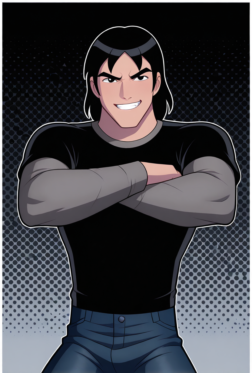 <lora:kevaf-10:1> kevaf, black hair, 1boy, solo, black shirt, layered sleeves, short over long sleeves, thick eyebrows, angry, dynamic pose, grey background, smile, teeth, jeans, facing viewer, black background, black eyes,  fighting,, masterpiece, best quality, amazing quality, very aesthetic, absurdres, newest,, upper body, halftone effect, white borders, abstract background:1.2,