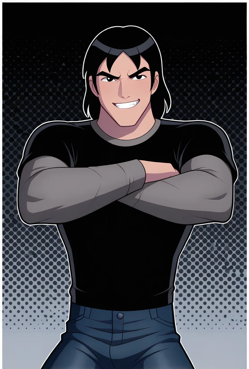 <lora:kevaf-10:1> kevaf, black hair, 1boy, solo, black shirt, layered sleeves, short over long sleeves, thick eyebrows, angry, dynamic pose, grey background, smile, teeth, jeans, facing viewer, black background, black eyes, fighting,, masterpiece, best quality, amazing quality, very aesthetic, absurdres, newest,, upper body, halftone effect, white borders, abstract background:1.2,
