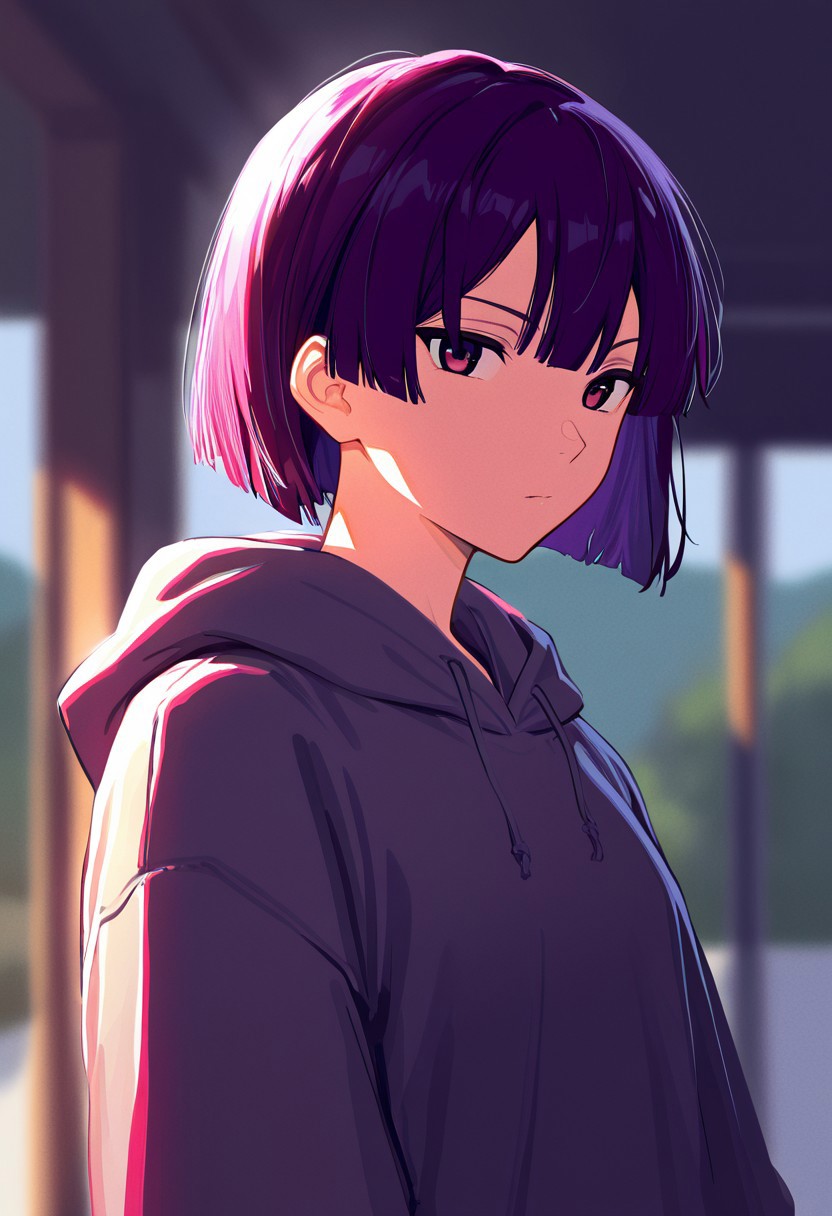 ,masterpiece, very aesthetic,8k,masterpiece, best quality, upper body,chiakitani, chihair, 1girl, solo, short hair, purple hair, hood, hoodie, looking at viewer,
, impressionism 1.5, high detail, depth of field, blurred background, dramatic lighting
