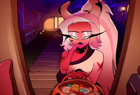 score_9, score_8_up, score_7_up, 1girl, tr1ck0rtr3at, holding, halloween bucket, doorway, door, street background, halloween costume. witch, candies. night, halloween, pov, hand, Verosika apology tour, VerosikaMayday, VerosikaApologytour