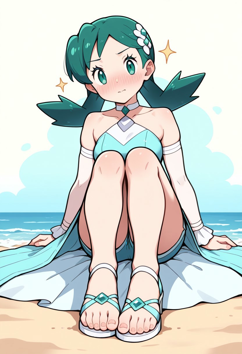 2d, masterpiece, best quality, amazing quality, 1girl, solo, close-up, sitting, knees up, full body, foot focus, looking at viewer, multicolored background, sparkle, beach, sand, sky, sunny day, masterpiece, best quality, amazing quality, highres, absurdres, newest, toes, toe scrunch, blushing, sygkris, kris \(pokemon\), green eyes, green hair, medium hair, hair ornament, halter dress, bare shoulders, choker, aqua dress, side slit, detached sleeves, wrist cuffs, aqua shorts, shorts under dress, long dress, high heel sandals, white footwear, aqua footwear