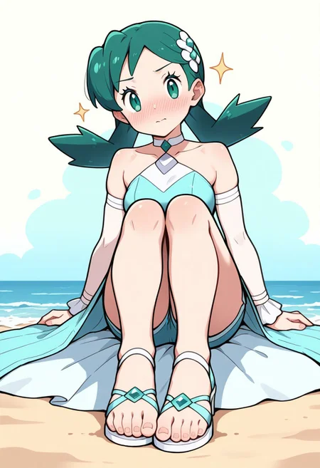 2d, masterpiece, best quality, amazing quality, 1girl, solo, close-up, sitting, knees up, full body, foot focus, looking at viewer, multicolored background, sparkle, beach, sand, sky, sunny day, masterpiece, best quality, amazing quality, highres, absurdres, newest, toes, toe scrunch, blushing, sygkris, kris \(pokemon\), green eyes, green hair, medium hair, hair ornament, halter dress, bare shoulders, choker, aqua dress, side slit, detached sleeves, wrist cuffs, aqua shorts, shorts under dress, long dress, high heel sandals, white footwear, aqua footwear