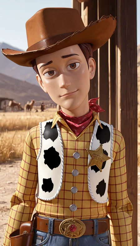 masterpiece,best quality,absurdres,newest,perfect quality,best quality,absolutely eye-catching,detailed background,male focus,<lora:Toy Story - Sheriff Woody - Illustrious-000006:0.7>,s_woody,1boy,brown hair,brown eyes,cowboy hat,red bandana,yellow shirt,long sleeves,vest,sheriff badge,head tilt,looking at viewer,slim,cowboy western,saloon,upper body,outdoors,sly look,half-smile,belt,holster,jeans,