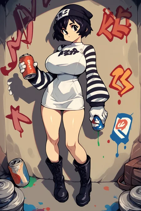 score_9, score_8_up, score_7_up, score_6_up, score_5_up, score_4_up, (source_anime), <lora:[GP] Optionaltypo style [Pony XL]:1.0> 1girl, skinny, pale skin, (huge breasts), 
looking at viewer, short hair, black hair, gloves, long sleeves, dress, holding, standing, boots, striped, white gloves, white dress, short dress, paint splatter, graffiti, striped sleeves, spray can, beanie,