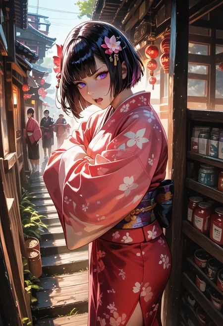 score_9, score_8_up, score_7_up, rating_questionable, cinematic lighting, cold lighting, dust, steamy, (((vibrant colors))), ((line art)), source_comic,
eye-catching, absurd surreal masterpiece, high_quality, highres,
detailed eyes, eye reflection, shigure, black hair, bangs, blunt bangs, purple eyes, short hair, hair ornament, hair flower, japanese clothes, kimono, pink kimono, print kimono, floral print, flower, long sleeves, wide sleeves, obi, tabi, socks, white socks, sandals, brown footwear, outdoors, new year, 1girl, blush, tsundere, blush, closed eyes, sweatdrop, open mouth, from side, crossed arms,
[layered_composition], high_contrast, oil painting style, background, eye-catching colors foreground, gradient,