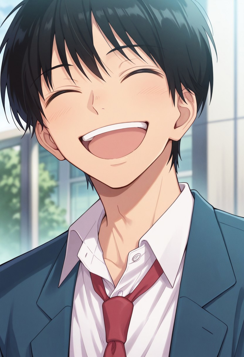 masterpiece,best quality,amazing quality, source_anime, 
kazahaya, 1boy, male focus, solo, closed eyes, black hair, school uniform, shirt, white shirt, collared shirt, necktie, red necktie, jacket, blazer, blue jacket, portrait,
smile, happy, open mouth, outdoor,