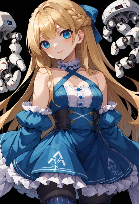 score_9, score_7_up, source_anime, BREAK  <lora:yunimaru_style:1> yunimaru, science fiction, cyborg, mechanical parts, mechanical arms, joints, very long hair, light smile,, <lora:mxmarina:1> mxmarina, french braid, half updo, Hair ribbon, frilled choker, criss-cross halter, sleeveless dress, high-waist skirt, backless dress, blue dress, waist blue bow, detached sleeves, frilled sleeves, wide sleeves, blue sleeves, black pantyhose, patterned legwear, pinstripe pantyhose, mary janes,