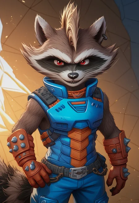 score_9, score_8_up, score_7_up, score_6_up, score_5_up, score_4_up, source_furry
anthro, ((1boy, solo)), brown fur, raccoon, mohawk, shortstack, red eyes, armor, blue pants, kneepads, earing, gloves, rocket raccoon
BREAK
detailed background, neo tokyo scenery, (((standing)))