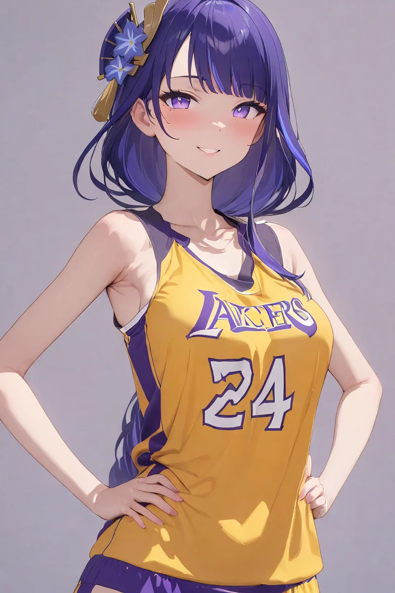 masterpiece, best quality, 1girl, solo,upper body,hands on hips,smile, yellow shirt, basketball uniform,simple background,  <lora:No.24 jersey_xl:1>,raiden shogun,