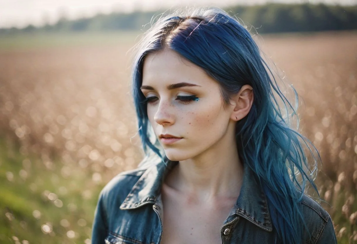 cinematic photo (( film, bokeh, professional, 4k, highly detailed, raw photo, woman (23yo blue hair girl:1.2), makeup, graphic eyeliner, rouge, (choker:0.7), realistic skin texture, warm lighting, cosy atmosphere, outdoor, (spring:1.1), photograph of a cute girl, pale skin, freckles,) wearing closed long sleeve jacket, jeans, beautifully fit body, brunette hair blowing in the wind, eyes closed, wiese, im hintergrund ein paar pferde . 35mm photograph, film, bokeh, professional, 4k, highly detailed