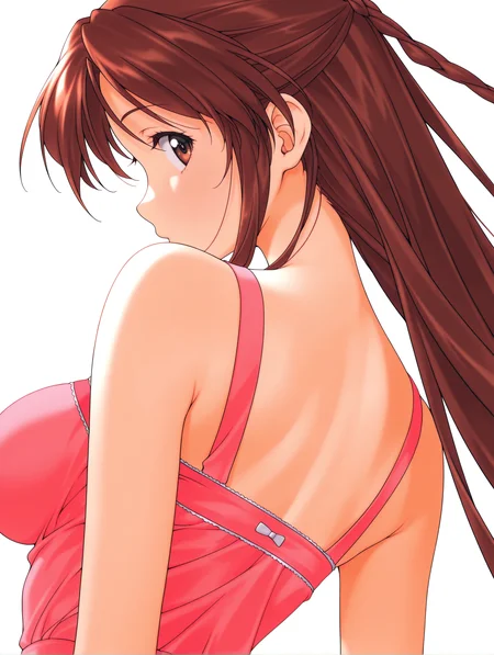 masterpiece,best quality,newest,1girl,solo,<lora:n_sumika_ilxl_v1:1>,n_sumika,brown hair,twin braids,brown eyes,s_clothes,pink dress,big breasts,20 years old,
<lora:Fixhands_anime_bdsqlsz_V1:1>,looking_at_viewer,simple_background,white_background,profile,upper_body,from_back,from behind,looking_back,