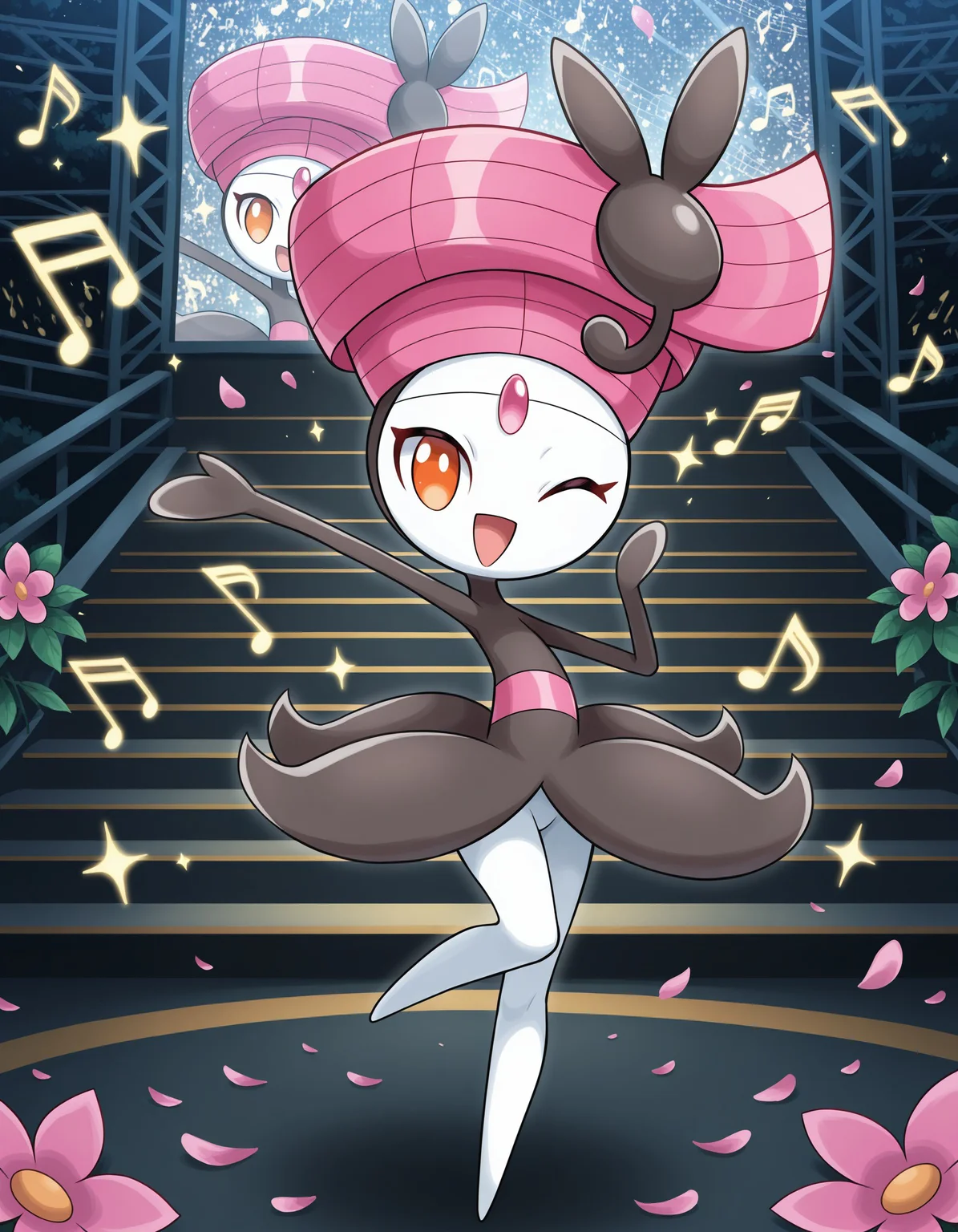 masterpiece, best quality, amazing quality, very detailed, newest, no humans, WnMlttPrtt, white skin, forehead gem, pink hair, orange eyes, pokemon \(creature\), full body, looking at viewer, on stage, outdoors, (music notes), smile, sunny, flower petals, open mouth, (sparkles, shiny), one eye closed, raised leg, <lora:81715295-8fd5-4972-8ff0-9f9bc4f123b3:0.9>