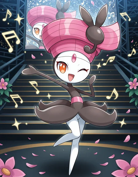masterpiece, best quality, amazing quality, very detailed, newest, no humans, WnMlttPrtt, white skin, forehead gem, pink hair, orange eyes, pokemon \(creature\), full body, looking at viewer, on stage, outdoors, (music notes), smile, sunny, flower petals, open mouth, (sparkles, shiny), one eye closed, raised leg, <lora:81715295-8fd5-4972-8ff0-9f9bc4f123b3:0.9>