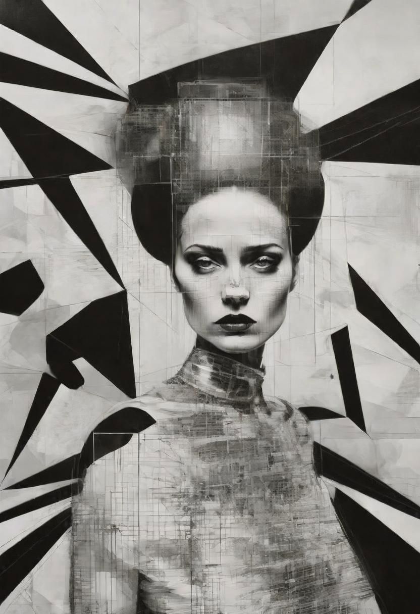 pop surrealism, rough crosshatch drawing pop art Lunatic_Portrait of a girl in latex, slick back, low bun, black makeup, sinister expression, intense glare, avant-garde, abstract, weird, geometric, constructivism, suprematism, rayonism, verticism, lineism, tj