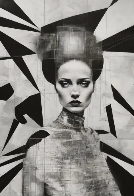 pop surrealism, rough crosshatch drawing pop art Lunatic_Portrait of a girl in latex, slick back, low bun, black makeup, sinister expression, intense glare, avant-garde, abstract, weird, geometric, constructivism, suprematism, rayonism, verticism, lineism, tj