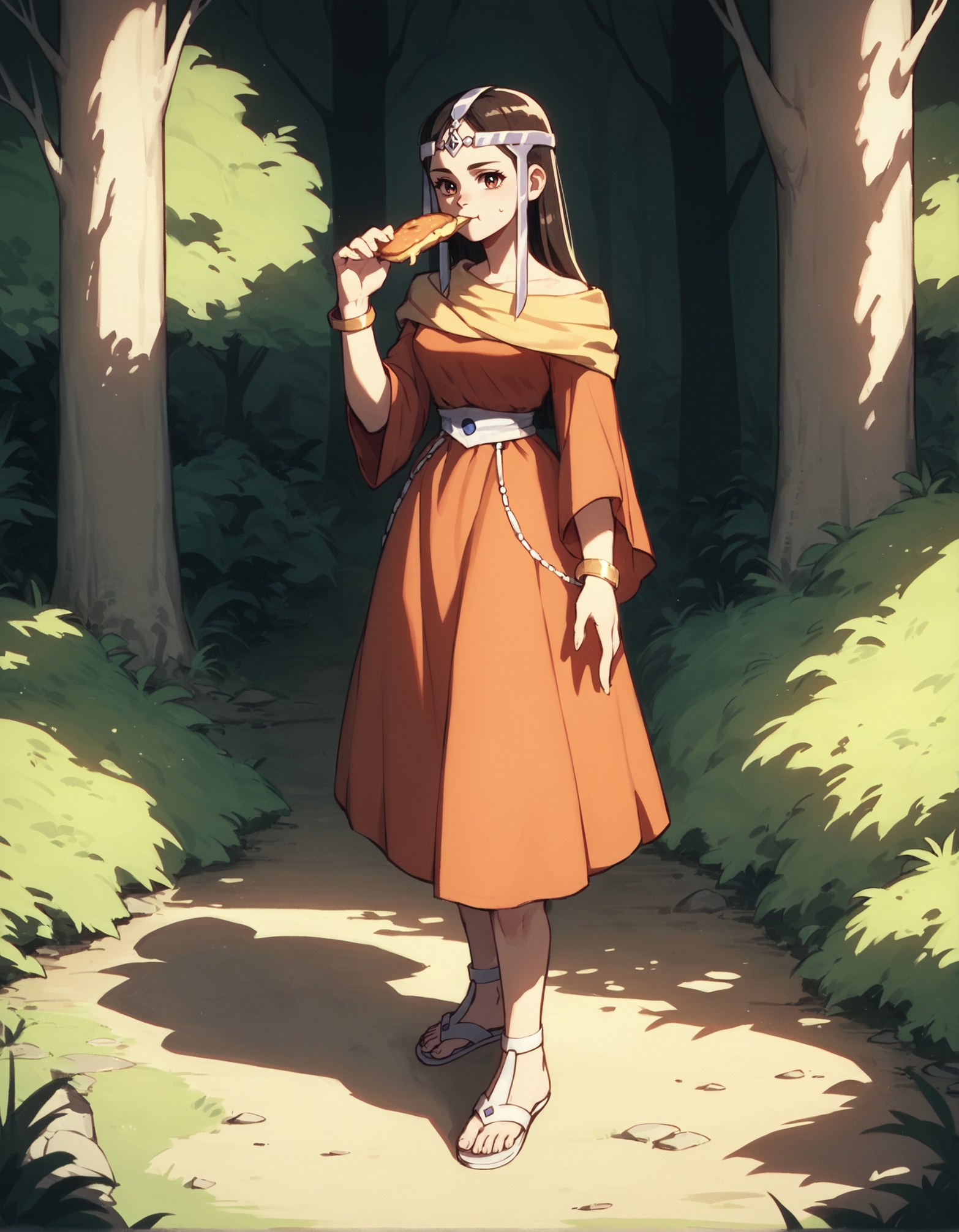 score_9, score_8_up, score_7_up,score_6_up,high resolution,mrl,1girl,solo,full body,in a forest,dress,circlet,sandals,volumetric lighting,rim lighting,dof,dramatic shadow,hand on hips,looking at viewer,eating food