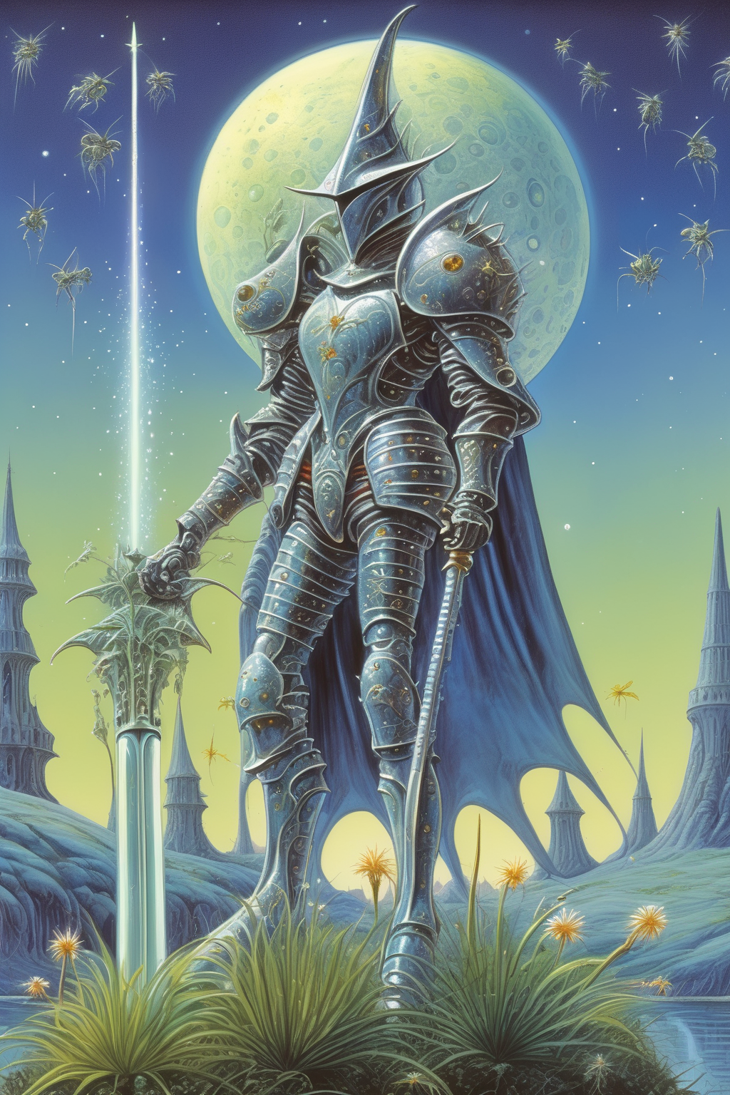 <lora:Rodney Matthews Style:1>Rodney Matthews Style - celestial knight wearing heavy armor with ornate cape, holding enchanted sword. lush lunar landscape. alien flora. intricate alien castle. fireflies. painted