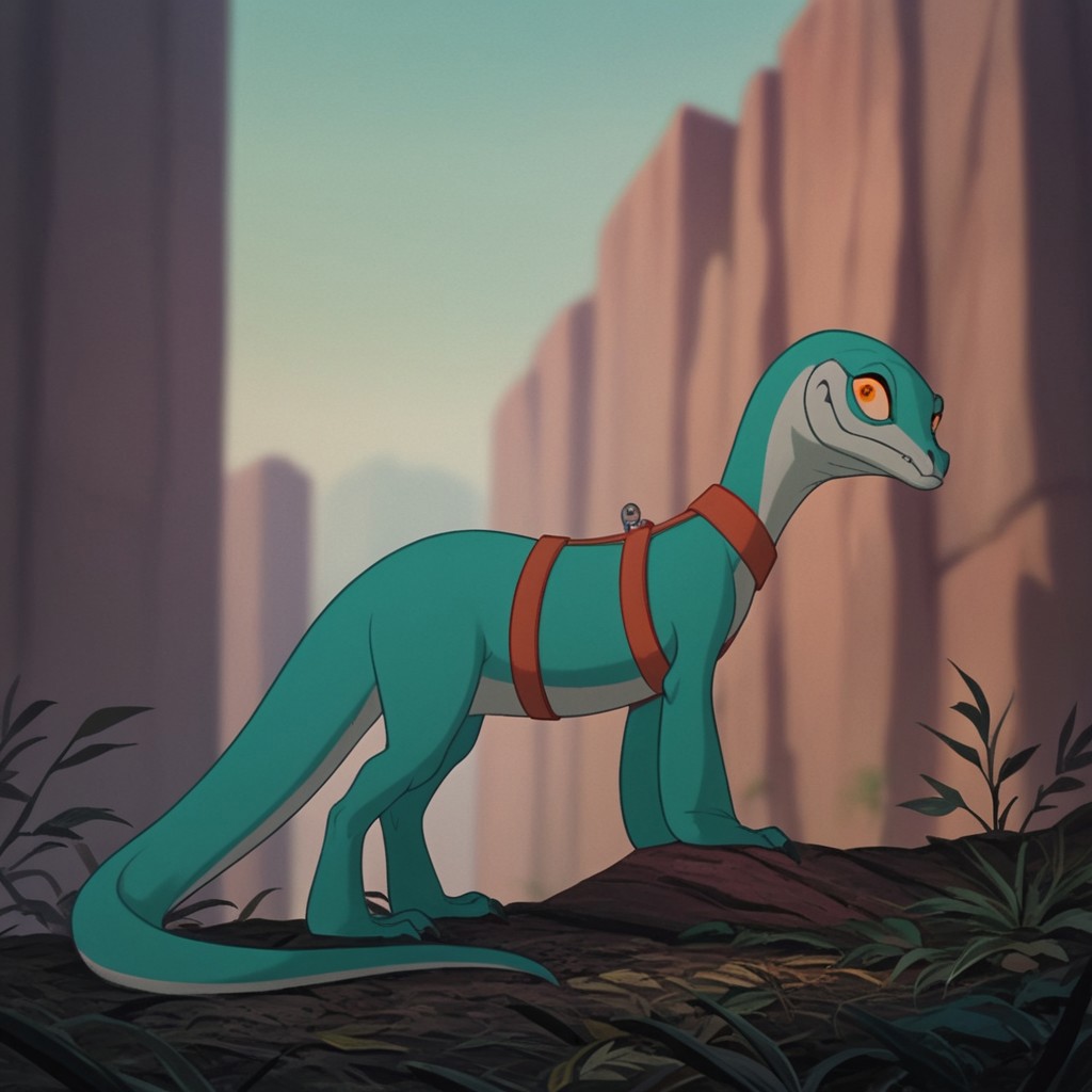score_9, score_8_up, score_7_up, score_6_up, score_5_up, score_4_up, source_furry, joannardu, feral, female, lizard, green skin, orange eyes, yellow sclera, standing, outside, harness
