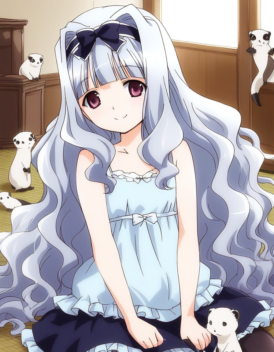 score_9, score_8_up, score_7_up, source_anime, rating_explicit, BREAK  <lora:Watayuki_Ver2.0_XL:1> Watayuki, hairband, very long hair, blue hair, grey hair, hair bow, purple eyes, wavy hair, flat chest, blunt bangs,
Watayuki, shijou takane, 1girl, sitting, bow, smile, pantyhose, skirt, seiza, solo, animal, hair intakes,ã
ferret, white_ferret,
room, flooring, curtain,