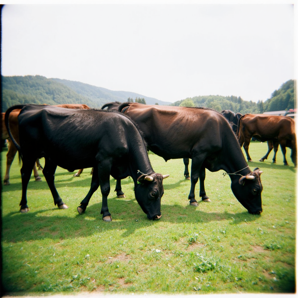 Shot with a Holga camera, a group of cows grazing in a pasture