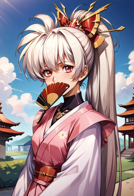 (score_9,score_8_up,score_7_up,source_anime,(masterpiece:1.2),best quality,very aesthetic,public indecency,absurdres),masterpiece,best quality,very aesthetic,fantasy,absurdres,1girl,solo, ,Luna,white hair, ponytail, , very long hair lora:Fixhands_anime_bdsqlsz_V1:1> junihitoe kimono, 1girl, solo, hand fan, egasumi, looking at viewer, folding fan, holding, holding fan, pink kimono, floral print, sleeves past wrists, covering mouth, hime cut, masterpiece,best quality, very aesthetic, absurdres, ultra detailed, high resolution, 4k, extremely detailed CG,