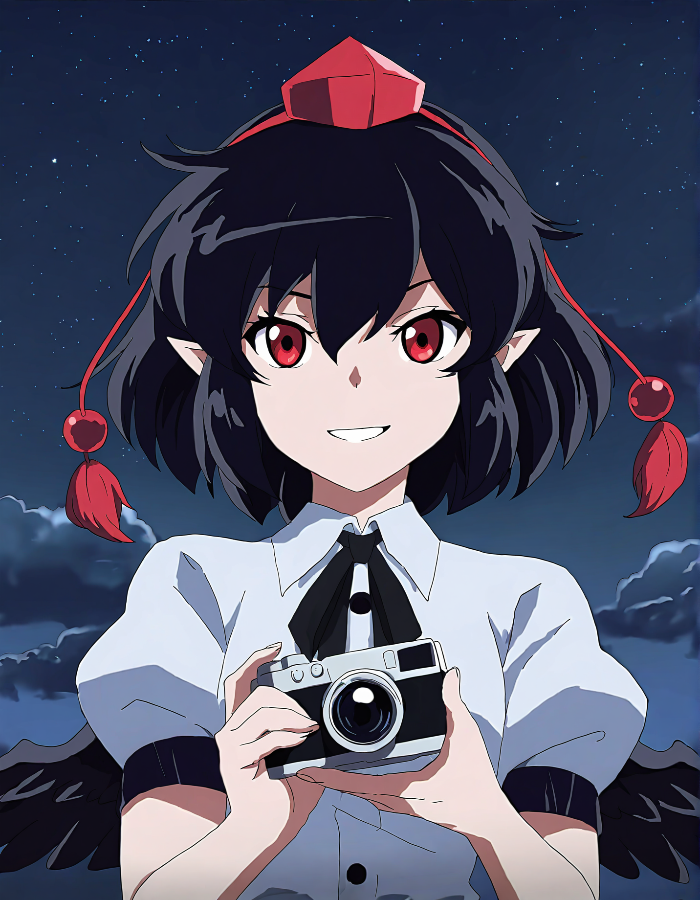 memoriesofphantasm, 1girl, shameimaru aya, tokin hat, solo, hat, black hair, wings, red eyes, pointy ears, black wings, smile, camera, anime coloring, sky, looking at viewer, shirt, short sleeves, short hair, upper body, puffy sleeves, white shirt, holding, puffy short sleeves, sensitive, star (sky), grin, cloud, night, general, parody, night sky, collared shirt, ribbon, bird wings, starry sky, black ribbon, feathered wings
very awa, masterpiece, best quality, year 2024, newest, highres, absurdres, <lora:memories-of-phantasm-style-noobai-vpred10-timestep-dynamic:1>