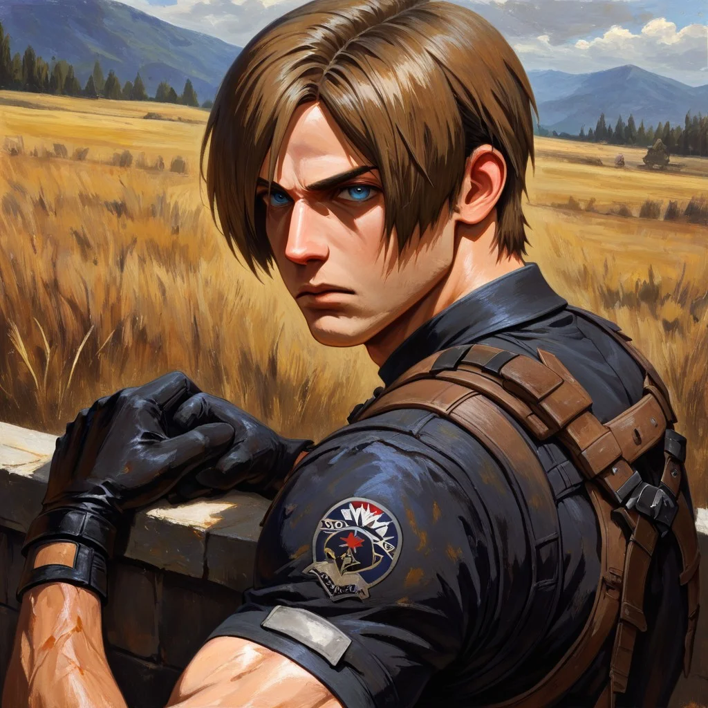 masterpiece, best quality, newest, absurdres, highres, GOTPV1.0, oil painting (medium), 
1boy, leon s. kennedy, brown hair, blue eyes, gloves,