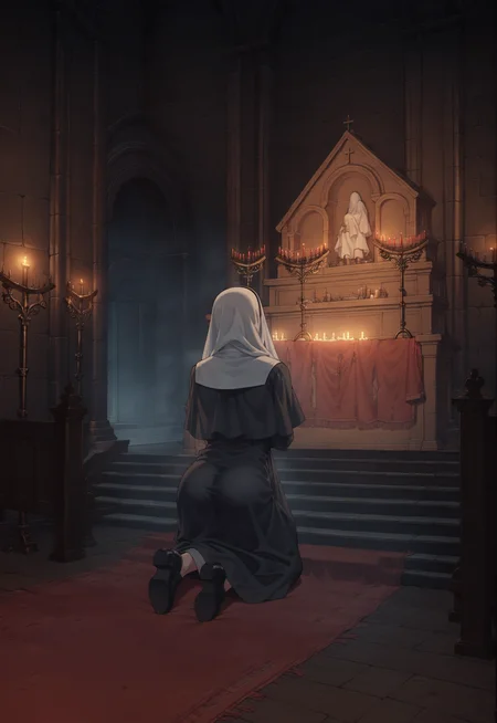 score_9, score_8_up, score_7_up, score_6_up, source anime
BREAK
1girl, nun, blonde hair, facing away, kneeling, praying, ass, shoes
BREAK
CotDeep, indoors, church, altar, fog, candlelight, candle, red candle, candlestand, candle stand, stairs, red carpet, ornamented wall, stone floor, dark, wooden bench, church interior, architecture,  <lora:[Dark Souls III] Cathedral of the Deep Style Background_epoch_11:0.7>