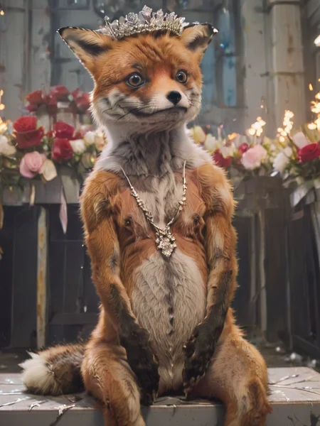 stnerfx, a sad fox with (terrible looking makeup:1.2) ( wearing a bikini:1.3) and a tiara on his head staring on a beauty pageant , cinematic, dramatic, captivating, annoying lense-flare, stupid bloom, flash-photography, <lora:- SDXL - stnerfx _Stoned_Fox_Style_V4.0:.7>