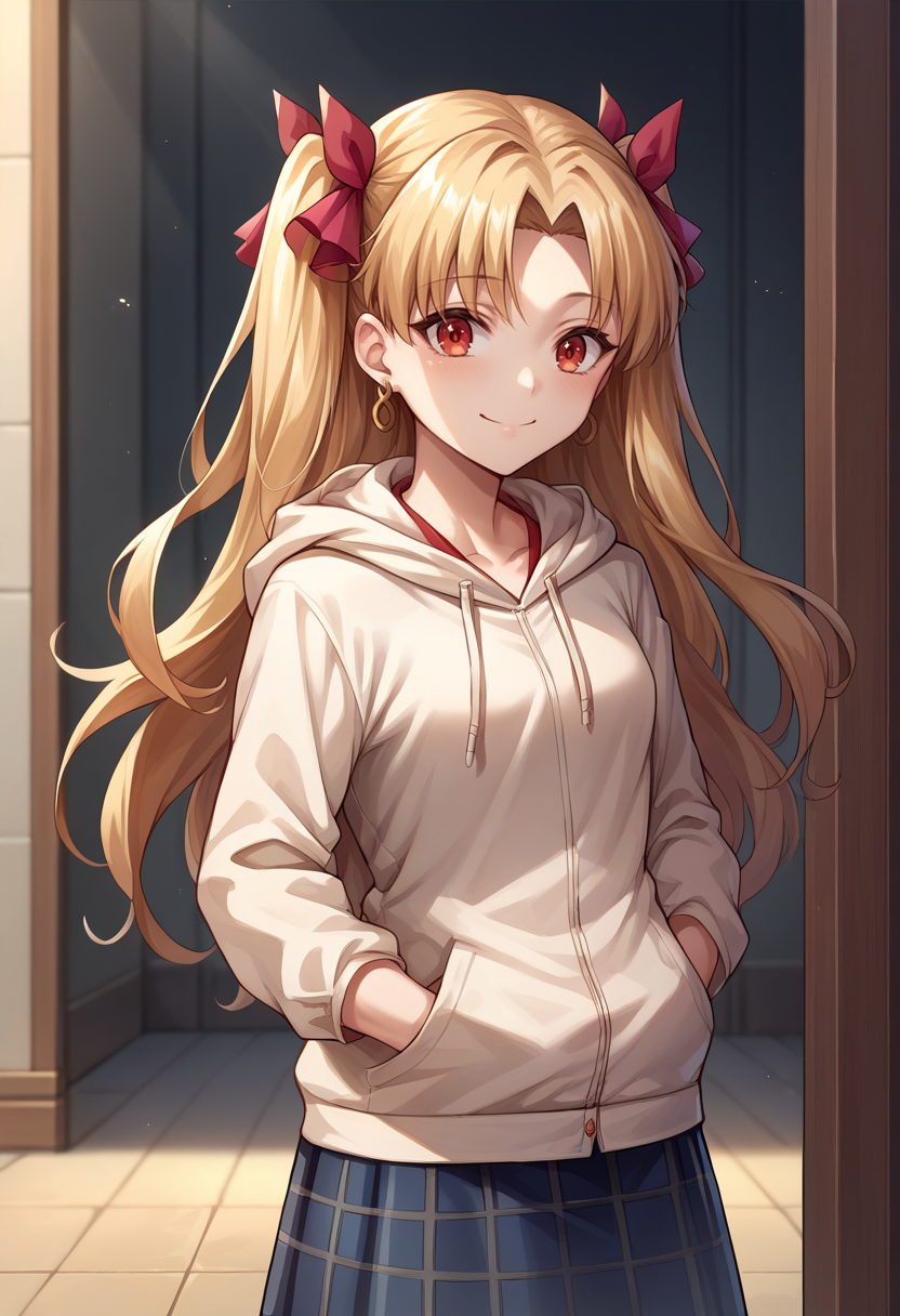 score_9, score_8_up, source_anime, Ereshkigal, two side up, hair ribbon, indoors, plaid skirt, hoodie, smile, hands in pockets, <lora:CHAR-EreshkigalPonyXL:1>