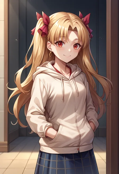 score_9, score_8_up, source_anime, Ereshkigal, two side up, hair ribbon, indoors, plaid skirt, hoodie, smile, hands in pockets, <lora:CHAR-EreshkigalPonyXL:1>