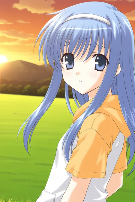 masterpiece, best quality, absurdres, official art, official style, rating general BREAK <lora:takayashikimatsuri_IL_v1-1:0.7>, takayashiki matsuri, 1girl, solo, blue eyes, blue hair, long hair, sidelocks, white hairband, casual, white hoodie, yellow sleeves, yellow hood, hood down, short sleeves, raglan sleeves, outdoors, grass, sunset, cloud, sky, upper body, portrait, scenery, upskirt, field, cloudy sky, twilight, evening, blurry, orange sky,
looking at viewer, stunned, wide-eyed