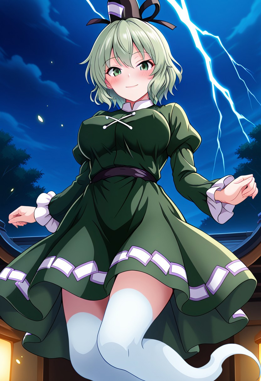 nioti style, night, ((outside)), (Taoist temple), (1girl), (solo), storm, lightning, ((blush)), <lora:Soga-no-Tojiko_Illustrious:1>, ((soga no tojiko)), ((large breasts)), green eyes, green hair, short hair, hat, long sleeves, green dress, ghost tail, ghost legs, looking at viewer, sparks, flying, confident, light smile, light particles