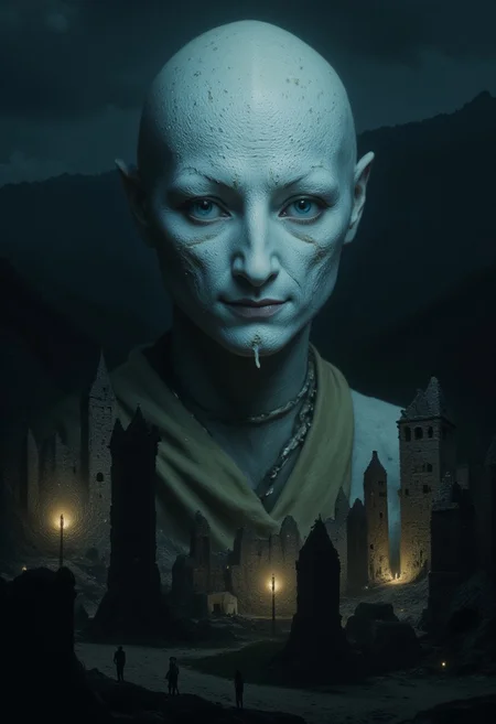 Ethereal humanoid figure with translucent pale skin that shimmers in moonlight, abnormally large reflective blue eyes adapted for night vision, Covered in shadows, stocky build, light blonde hair. Dressed in simple clothing, standing near ancient stone fortress ruins in Appalachian mountains. Nocturnal being who retreats from sunlight. Medieval fantasy style, mystical atmosphere, moonlit scene, in the style of ck-ncr,