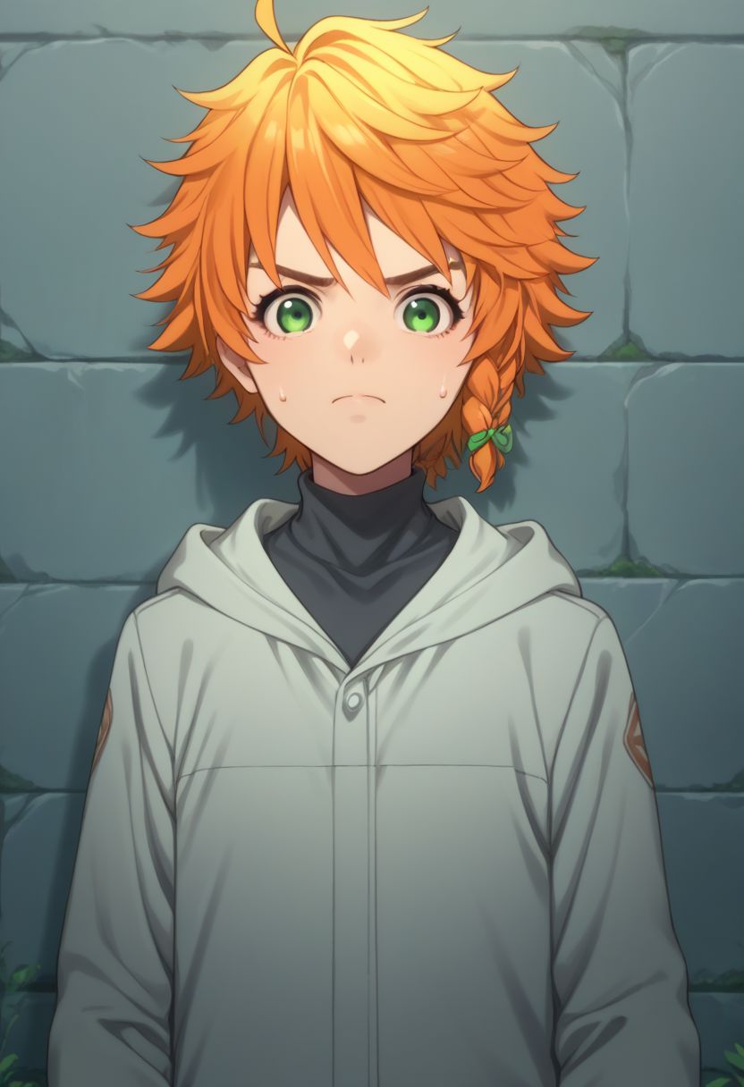 score_9, score_8_up, score_7_up, source_anime, highly detailed, 
emma, 1girl, green eyes, solo, orange hair, hood, braid, short hair, looking at viewer, sweatdrop, hood down, side braid, upper body, frown,
outdoor, wall,